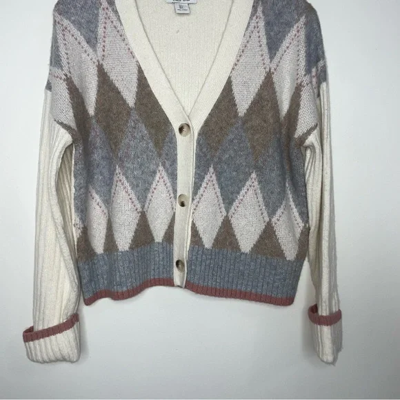 Rachel Zoe Academia Argyle Preppy Cardigan Sweater Size S Neutral Long Sleeve - Picture 11 of 12